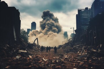 Poster - A group of people walking through a destroyed city during a war, AI