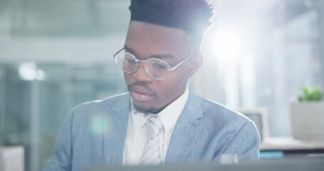 Poster - Laptop, research and businessman in the office while working on a corporate legal project. Serious, busy and young professional African attorney planning for a law case with a computer in workplace.