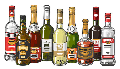 Poster - Assortment alcohol bottles colorful emblem