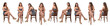 line of various poses of the same girl sitting cross-legged and dressed in a dress on white background