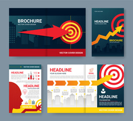 Poster - Business brochure. Arrow to goal. Project road flyer. Roadmap to target. Idea for booklet cover. Header text. Workflow infographics. Office report template. Vector design posters set