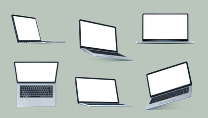 3d laptop. Isometric open computer, notebook different angles view, isolated realistic office pc with keyboard, blank white screen. Ad on monitor display template. Vector illustration set