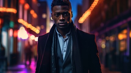 handsome elegant black man in city photoshoot, urban fashion, bold contrast with bokeh background, generative ai, 