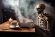 Remains of a skeleton sitting at the computer with coffee steaming on the desk next to laptop