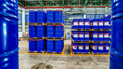 Blue 200 liter chemical and oil drums arranged on pallets. Stored in an orderly warehouse. to wait for delivery