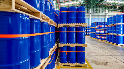 Blue 200 liter chemical and oil drums arranged on pallets. Stored in an orderly warehouse. to wait for delivery