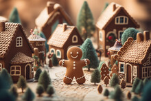 Cute Gingerbread Man In Christmas Village With Gingerbread Houses And Trees