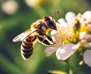 Honey bee on flower macro.