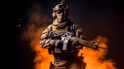 Wall Mural - Military soldier dressed in uniform with rifle against flame fire, black background. Generation AI.