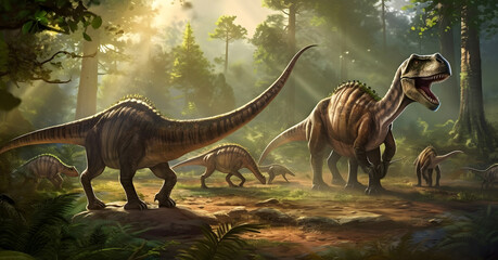 Set run jurassic dinosaurs in park forest. Generation AI