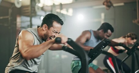 Canvas Print - People, diversity and cycling at gym in fitness, workout or intense cardio exercise together and motivation. Diverse group burning sweat on bicycle machine for healthy body, wellness or lose weight