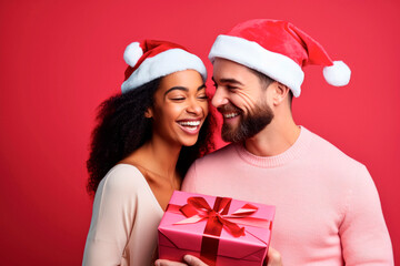 Wall Mural - Festive Holiday Couple: Happy Couple Wearing Santa Hats and Holding a Gift on a Pink Background with copy space