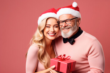 Wall Mural - Festive Holiday Couple: Happy Couple Wearing Santa Hats and Holding a Gift on a Pink Background with copy space