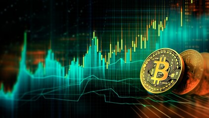 Wall Mural - bitcoins sitting on a table and stock exchange chart with financial stock exchange symbols