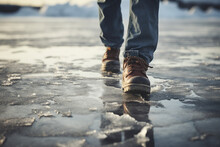 Close Up Generative AI Photography Of Male Legs Walking Cold Snowy Winter Weather In Comfort Warm Shoes