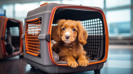 Poster - Dog sits in a carrier bag in airport .