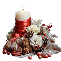 Sticker - transparent background with a handmade festive decoration including ribbons white flowers red balls Christmas tree twigs kishrov cones and a burning candle