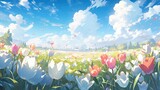 A vibrant field of tulips in full bloom, with a clear blue sky above manga cartoon style