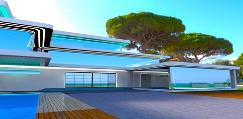 Wall Mural - Smooth glass facade of the newly designed luxury mansion on the tropical island in the ocean. 3d rendering.