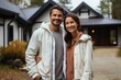 © DenisNata - Happy young couple standing in front of new home. Husband and wife buying new house. Portrait of hugging man and woman.
