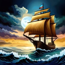 Pirate In Ship Which Is Sailing In Dark Sea Sky Is Dark Blue And Clouds And Thunderstorms Coming In Far Waves Are Big Detailed Picture