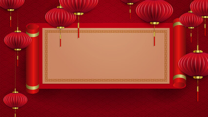 Wall Mural - Red background with a rectangular frame.Lanterns in the style of paper art