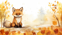Watercolor Illustration Children Book Style Of A Fox Sitting On Nature Trail In Autumn Season. Beautiful Illustration Of A Cute Sweet Fox. Perfect Illustration For Children, Or School.