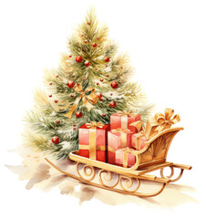 Poster - Christmas sleigh with presents, wreath and tree