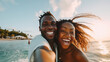 Black couple, travel and beach fun while laughing on sunset nature adventure and summer vacation or honeymoon.