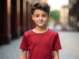 Wall Mural - Cute boy wearing blank empty red t-shirt mockup for design template