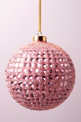 Wall Mural - Photo of a pink Christmas Bauble hanging from a gold string against a white background created with Generative AI technology