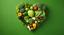 Heartshaped Fresh Veggies On A Green Backdrop. Happy Vegan Day. AI Generated