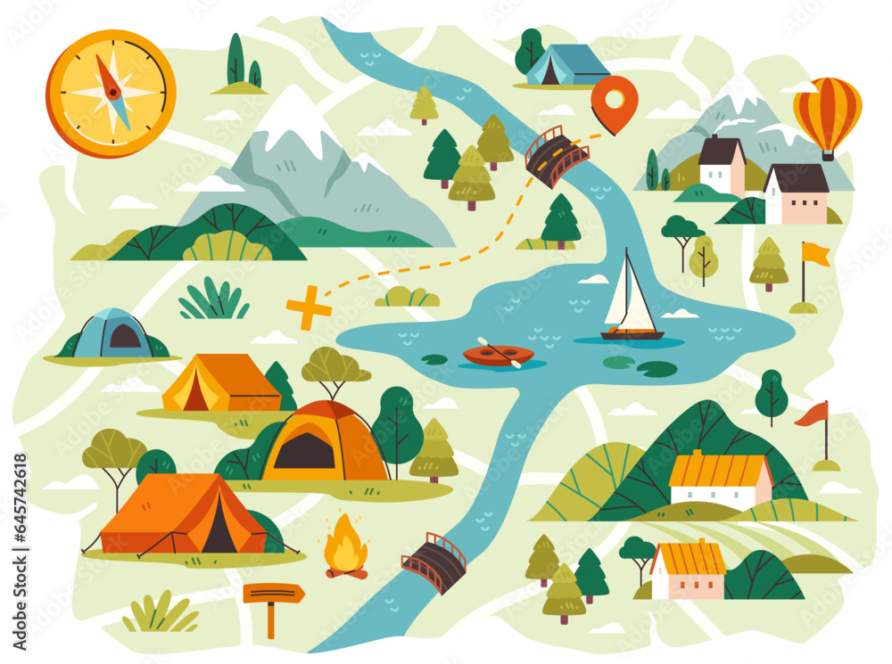 Map Cartoon Routines Map for camping and travel. Nature poster with mountains and river ...