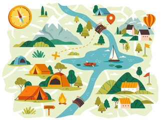 Map for camping and travel. Nature poster with mountains and river, campfire and tents, trees and compass. Adventure and journey concept. Cartoon flat vector illustration isolated on white background