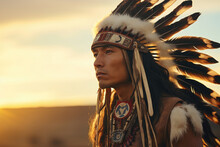 American Indian Male Chief Profile, Beautiful Feathered Headdress, Grassland In The Background