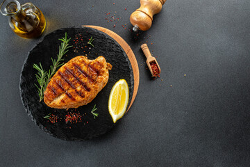 Poster - grilled chicken fillet. Healthy fats, clean eating for weight loss. top view