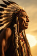 American Indian male chief profile, beautiful feathered headdress, grassland in the background