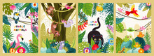 Jungle Animals Poster Set. Exotic Nature And Tropical Landscape With Animals And Birds. Banners With Panther And Parrot, Frog And Limur, Monkey And Flamingo. Cartoon Flat Vector Isolated On Background