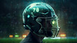 an American football helmet with neon mathematical formulas projected onto it, around it random numbers fall like rain