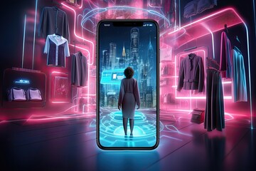 Wall Mural - Futuristic online shopping technology digital payment from mobile phone. Generative AI