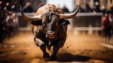 A bull with big horns that rushes into a bullfight