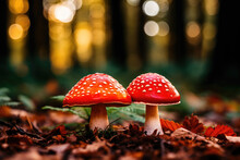 Two Fly Agaric In The Fall In The Autumn  Forest. Muscaria Anamita. Mushrooms Season.