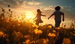 shadow of children playing in a field of flowers at sunset, ai generative