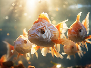 Beautiful goldfish swimming in the aquarium. Fish in the water. By AI