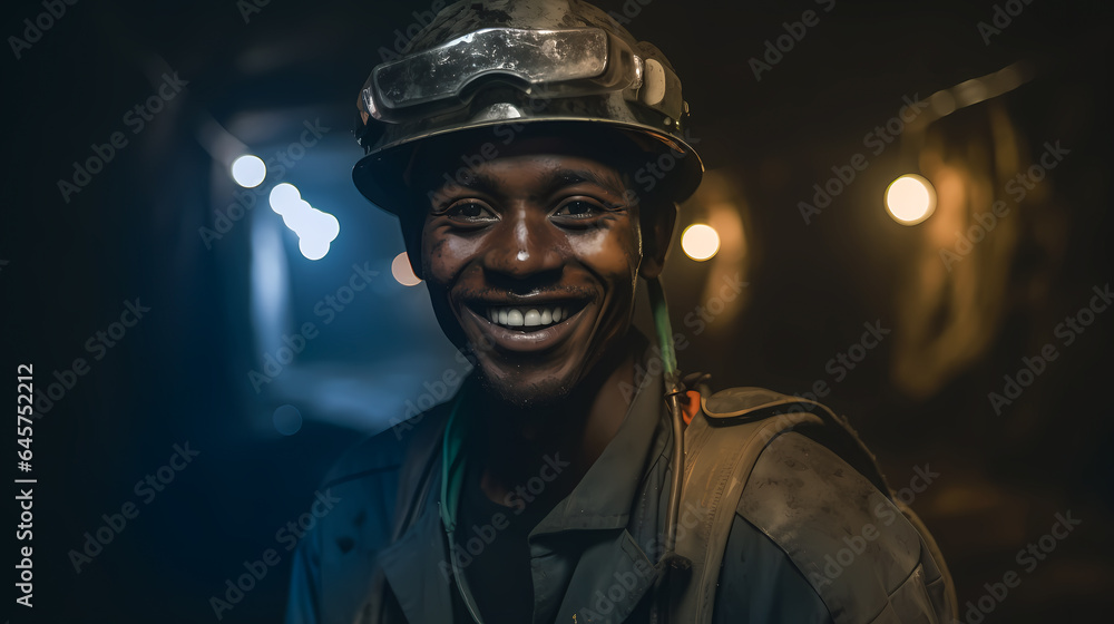 Portrait happy african man miner with headlamps entering underground ...