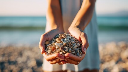 Wall Mural - Close-up of gravel pile in woman's hands with sea background