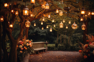 Lanterns hanging from tree branches, illuminating the garden with a warm glow. Autumn garden. Generative AI