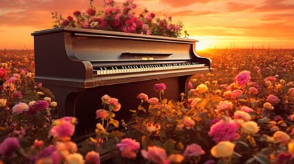 flowers covered the Piano in the sunset