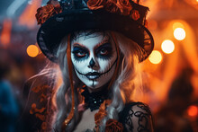 Portrait Of Beautiful Woman Daark Witch Halloween Catrina Made With Generative AI
