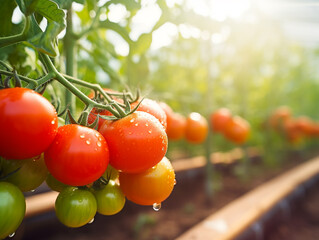 Wall Mural - Selected focused tomatoes in tomato fields. Ripe red and ready to harvest.